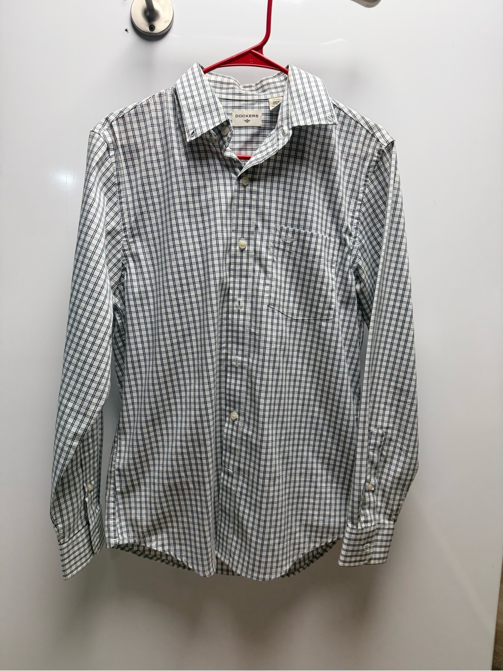 Dockers Men's White and Green Plaid Button-Down Shirt
